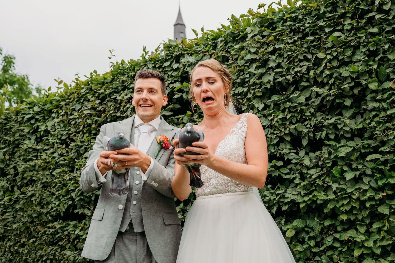 A bride and groom perform a celebratory toast with drinks in front of a lush green hedge wall at their wedding.