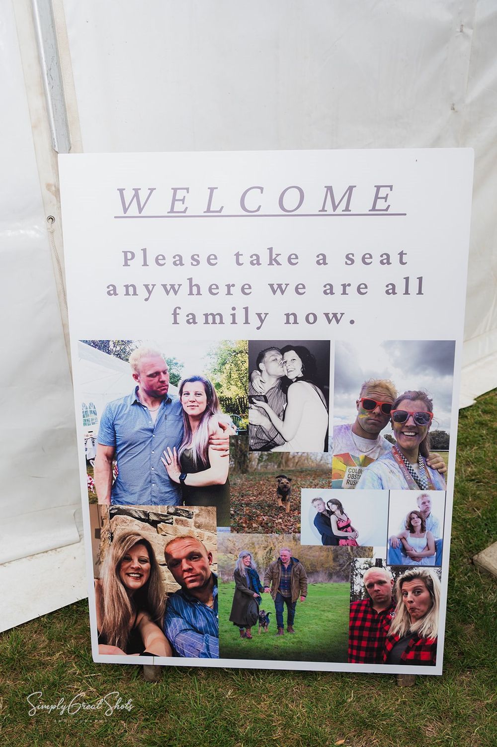 A wedding welcome sign with multiple photos of Charlotte & Laurie with text saying 'Please take a seat anywhere we are all family now'.