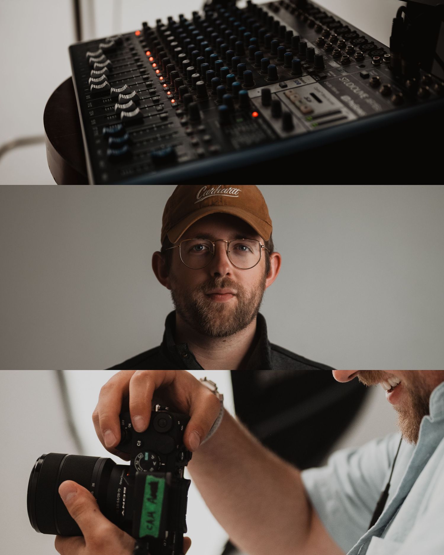 Close-up shots of a photographer using vintage camera equipment against a neutral background in a studio setting.