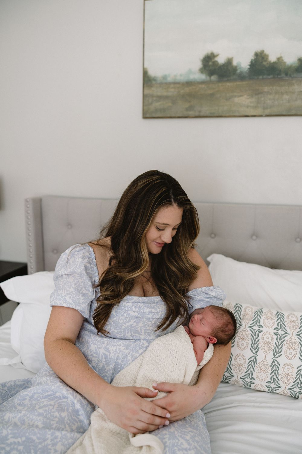 Parent in blue dress holding sleeping newborn on bed with landscape painting in background.