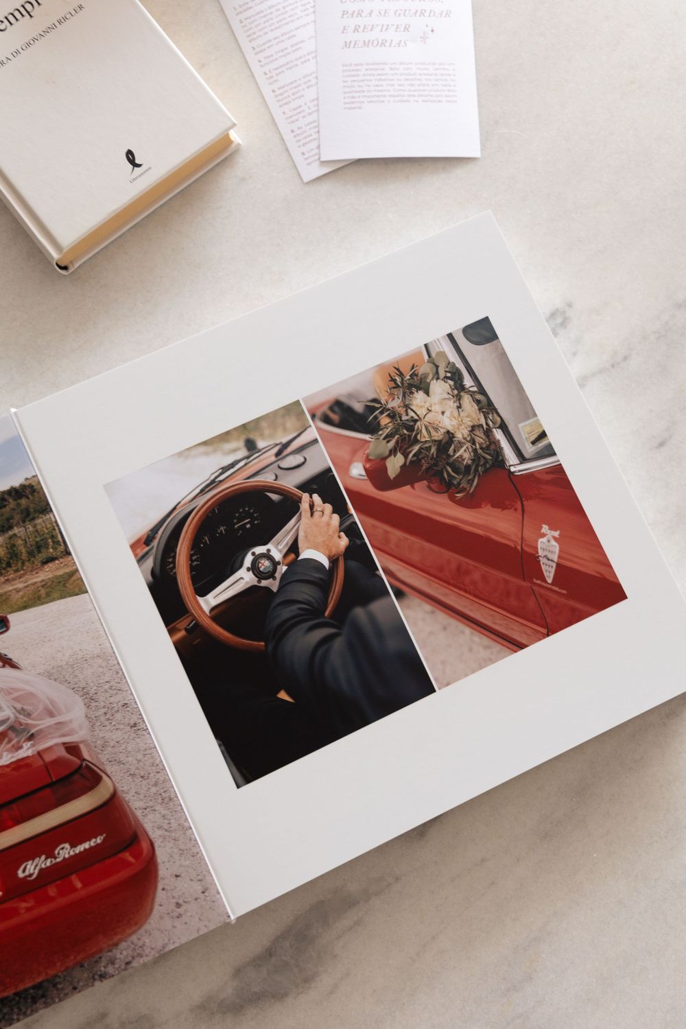 Vintage-style photo album page showing red classic car steering wheel details.