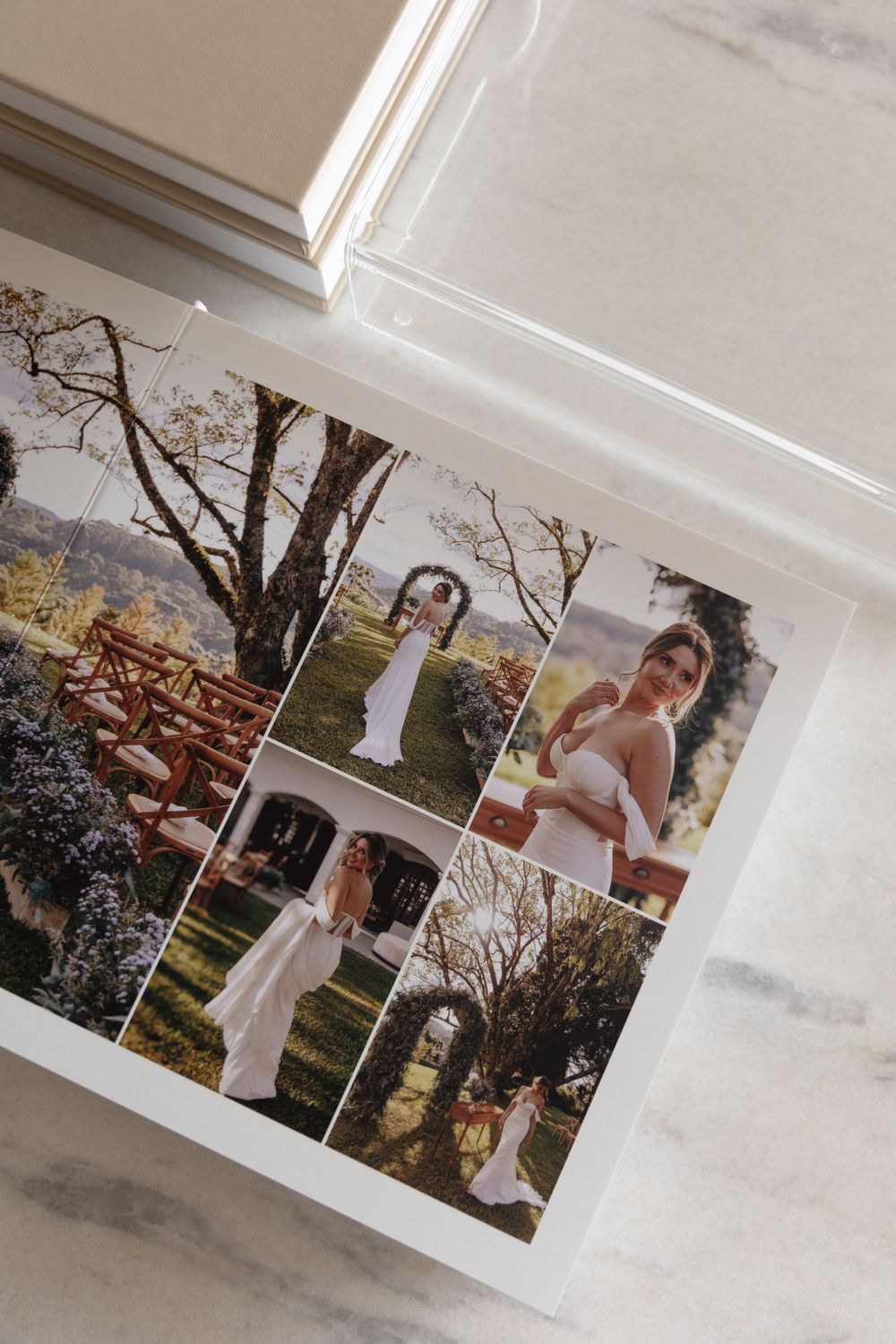 Wedding album spread featuring outdoor ceremony photographs in natural setting.