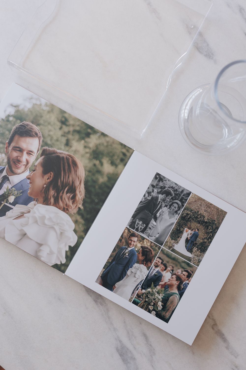 Wedding photo album spread showing intimate couple moments captured outdoors.