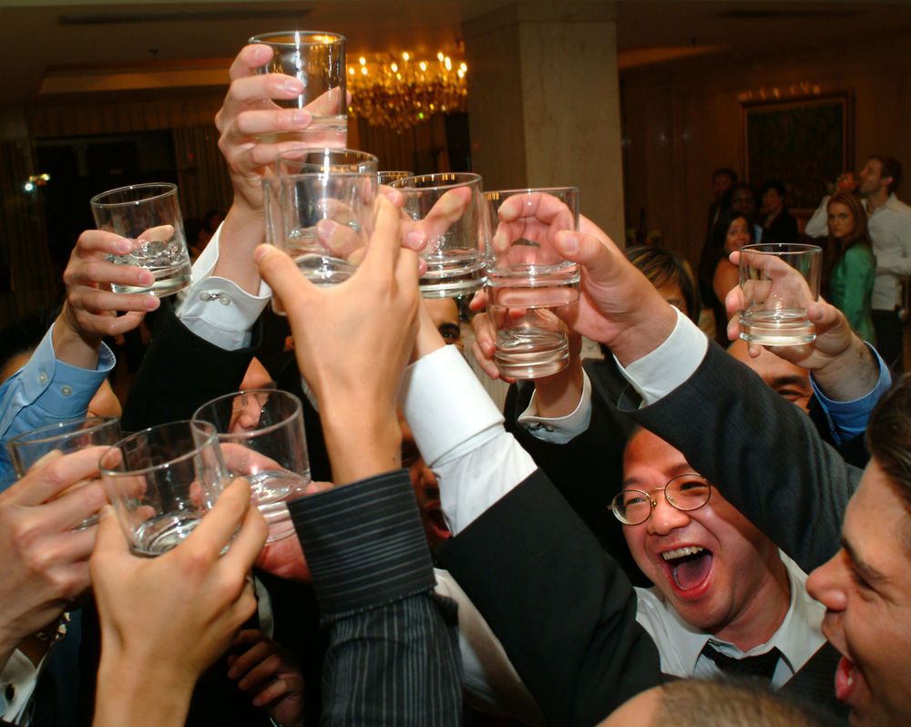 Wedding reception guests raise their glasses in an enthusiastic group toast.