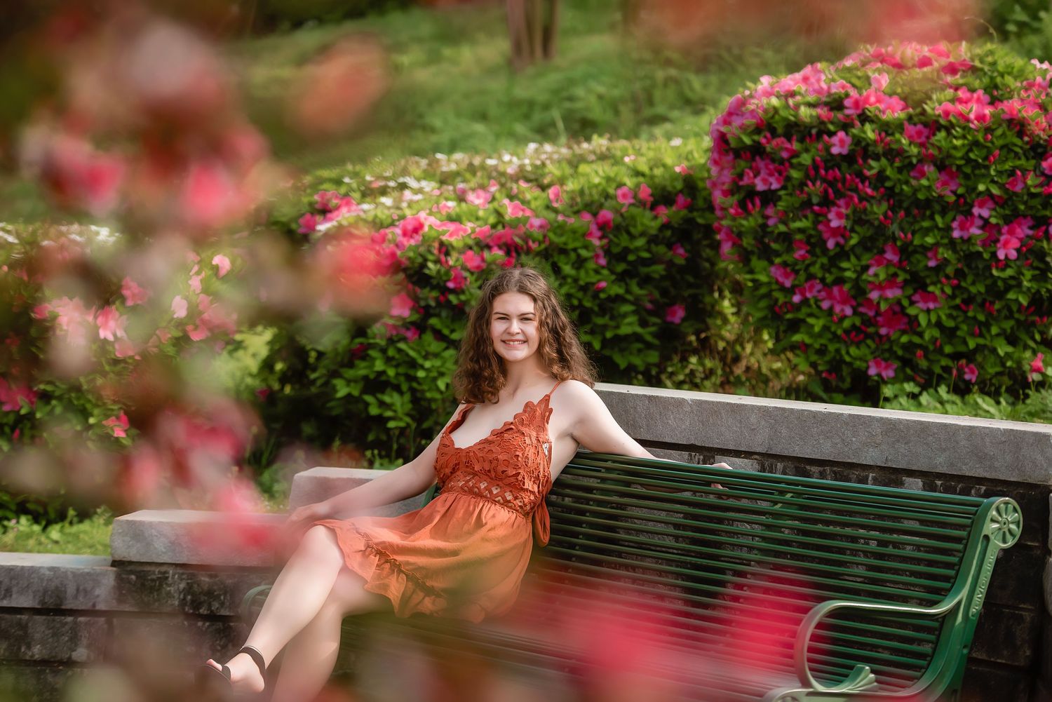senior photo shoot on a garden bench surrounded by pink flowering bushes.