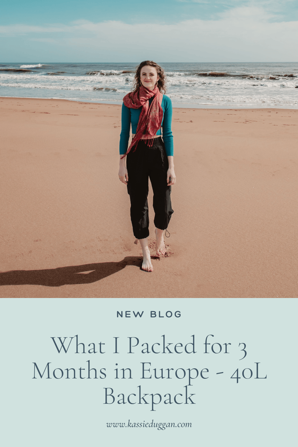 Travel blog banner showing beach scenes with text about packing for 3 months in Europe.