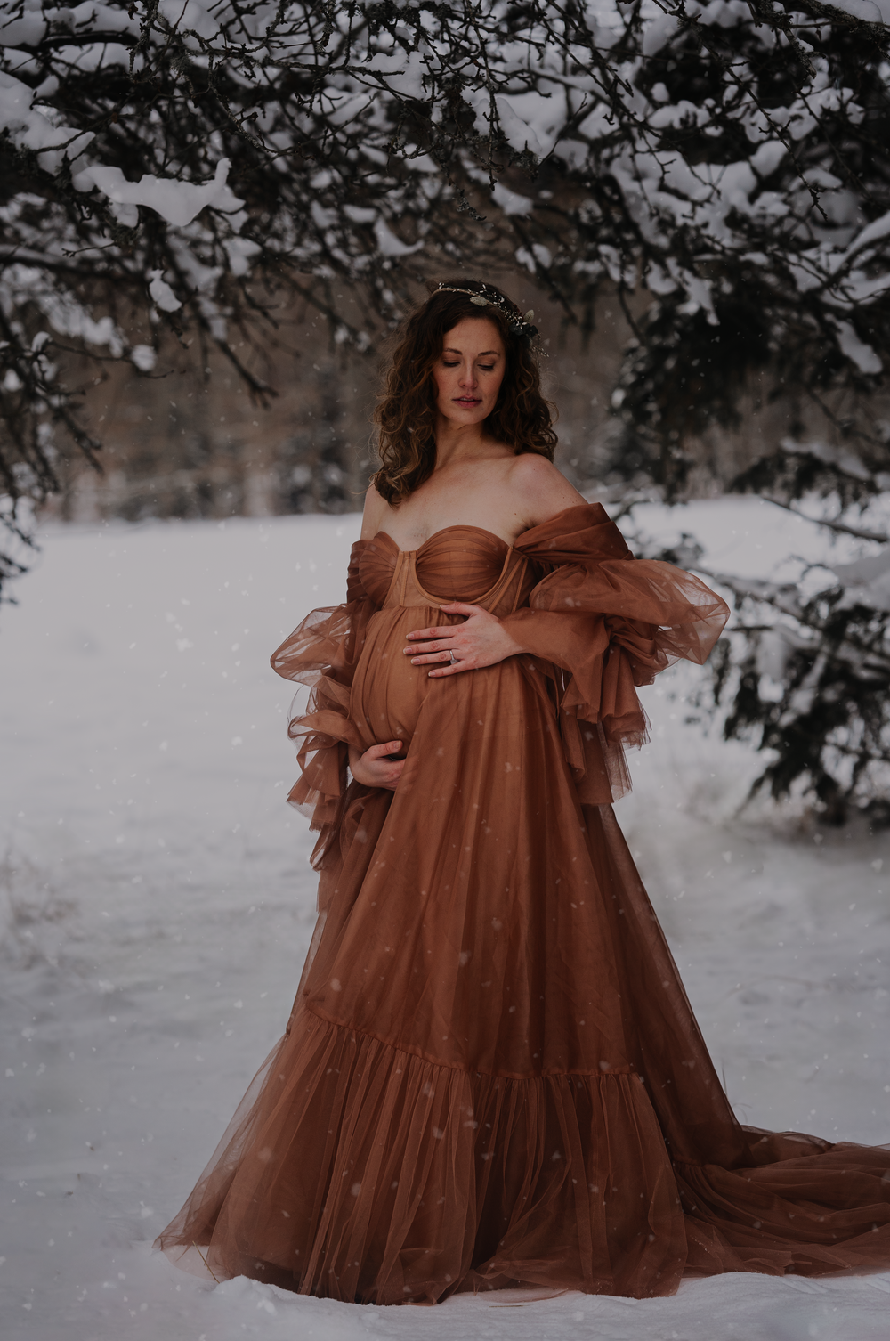 A flowing brown tulle gown creates drama against a snowy winter landscape.