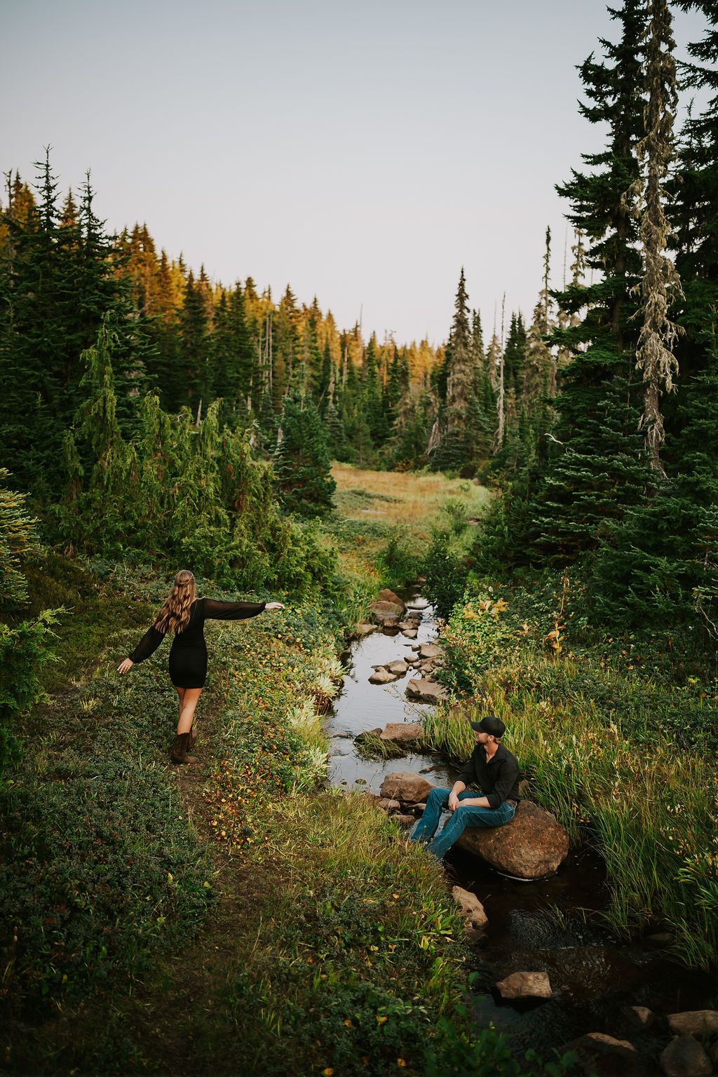 Couple dance in paradise meadows Mt Washington chairlift kissing Vancouver Island. Photography by Photographer Soulfull Photographs
