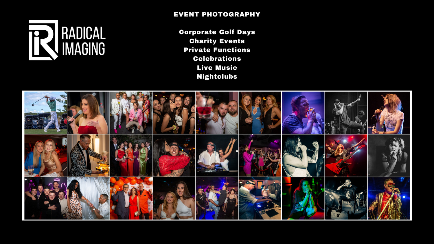 A collage of event photography showing concerts, performances, and celebrations with dynamic lighting and crowd scenes.