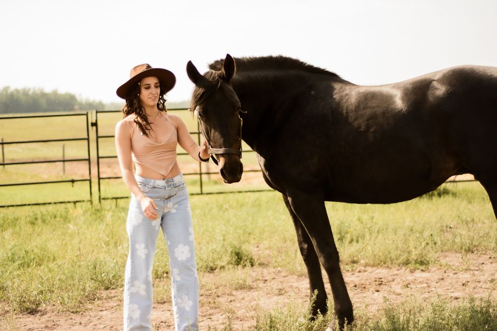 A woman in cowgirl attire and denim pets a dark horse in a fenced pasture.
