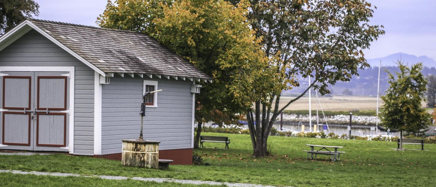 Historic house and Elgin heritage park, trees, flowers, view of the river. Near Crescent beach past white rock in Surrey.