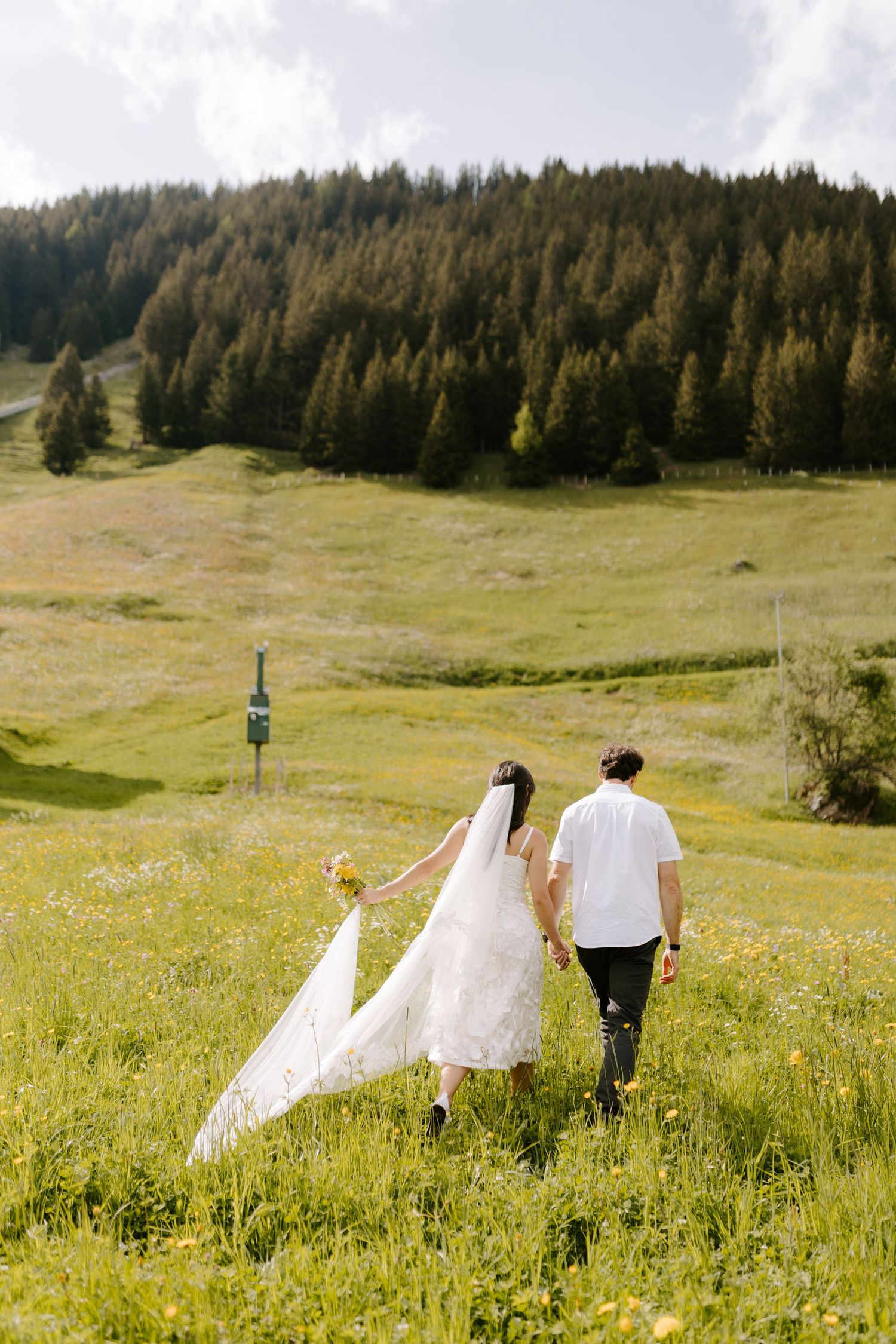 Newlyweds walking through a sunny alpine meadow with pine forests in the background.