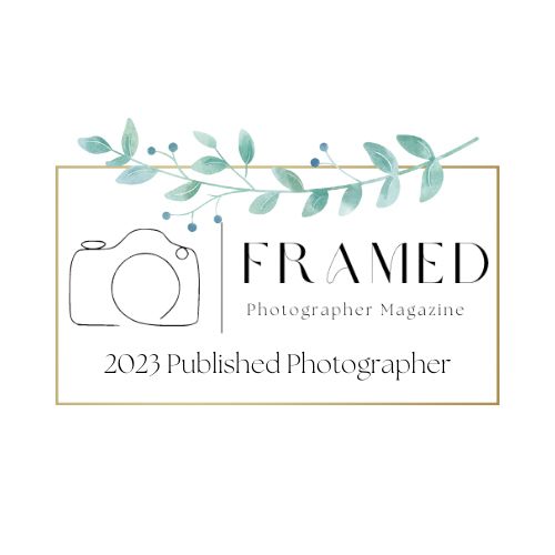 Photography magazine logo for Framed featuring a camera icon and delicate green watercolor leaf design border.