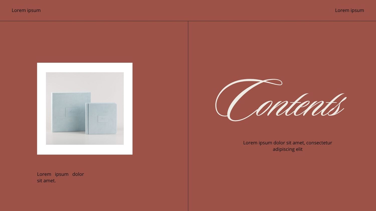 Simple modern editorial page design showing a small square image and an elegant 'Contents' heading in cursive script.
