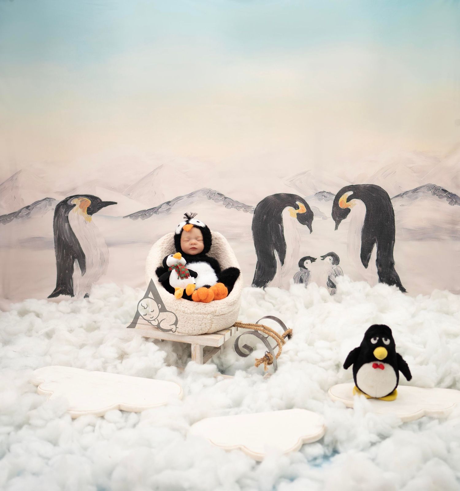 Cute winter scene with penguin toys playing in snowy landscape with mountains in background.