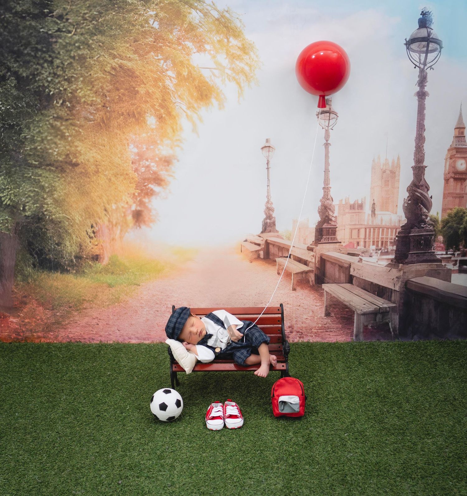 Outdoor themed photo setup with park bench, soccer ball, and red balloon against London backdrop.