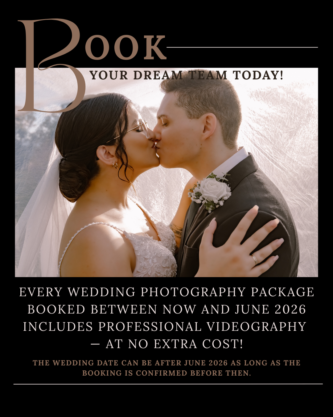 Wedding photography promotion featuring a romantic couple kissing under a veil with vintage-style text overlay.