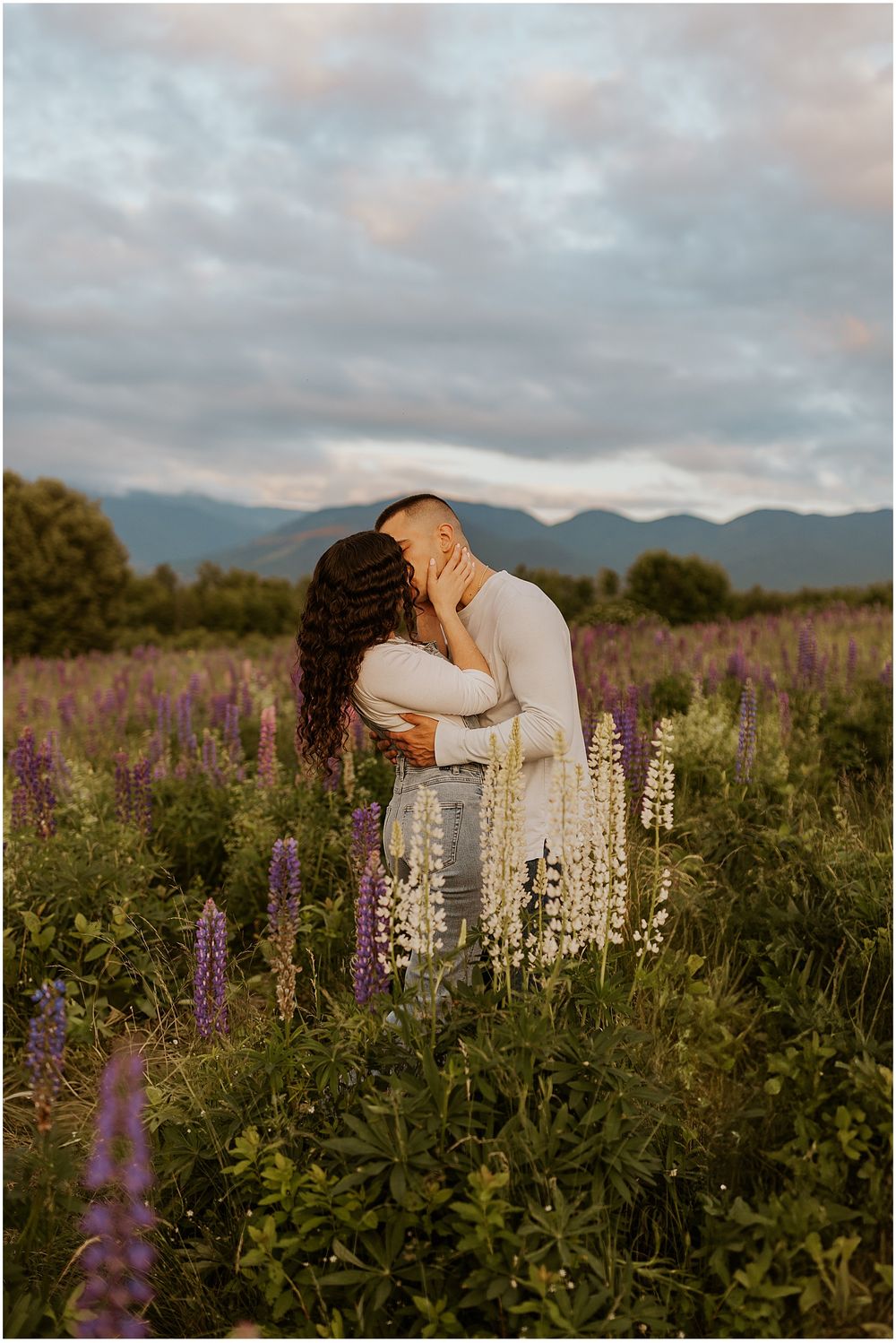 A couple taking engagement photos in a lupine flower field in NH