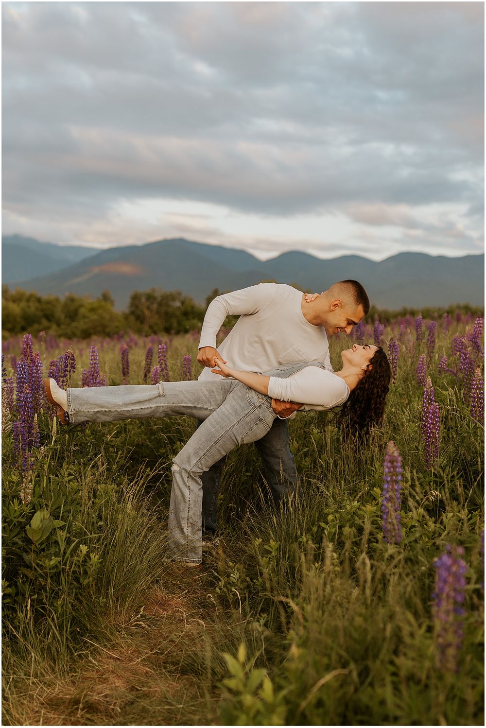A NH couple taking engagement photos in the White Mountains