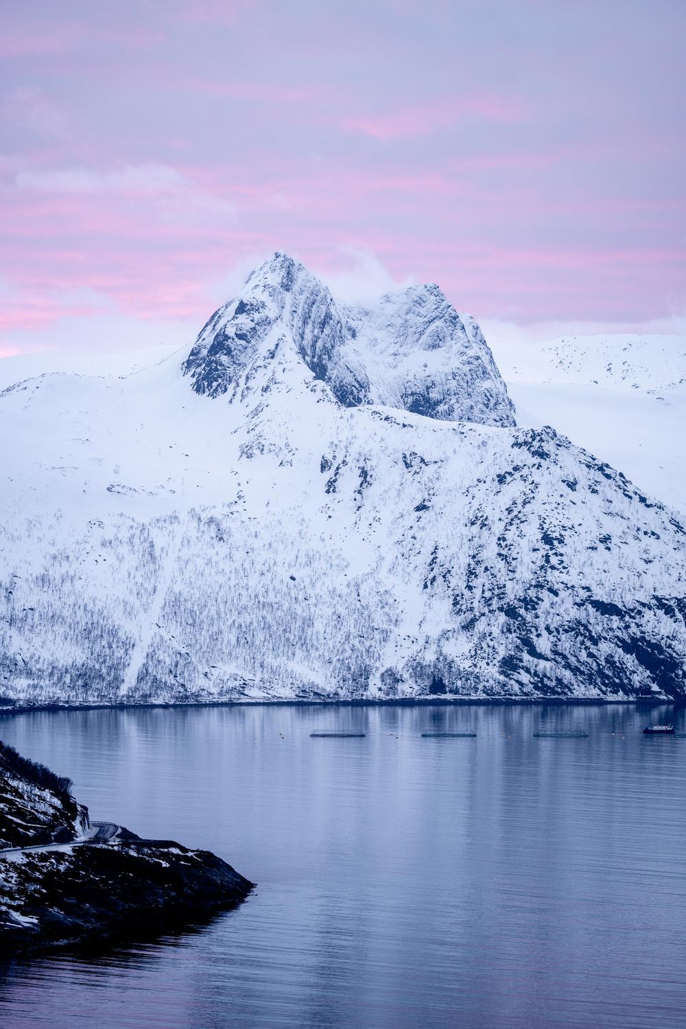 Snow-covered mountain peaks tower over a serene fjord in Norway during purple sunset hours.