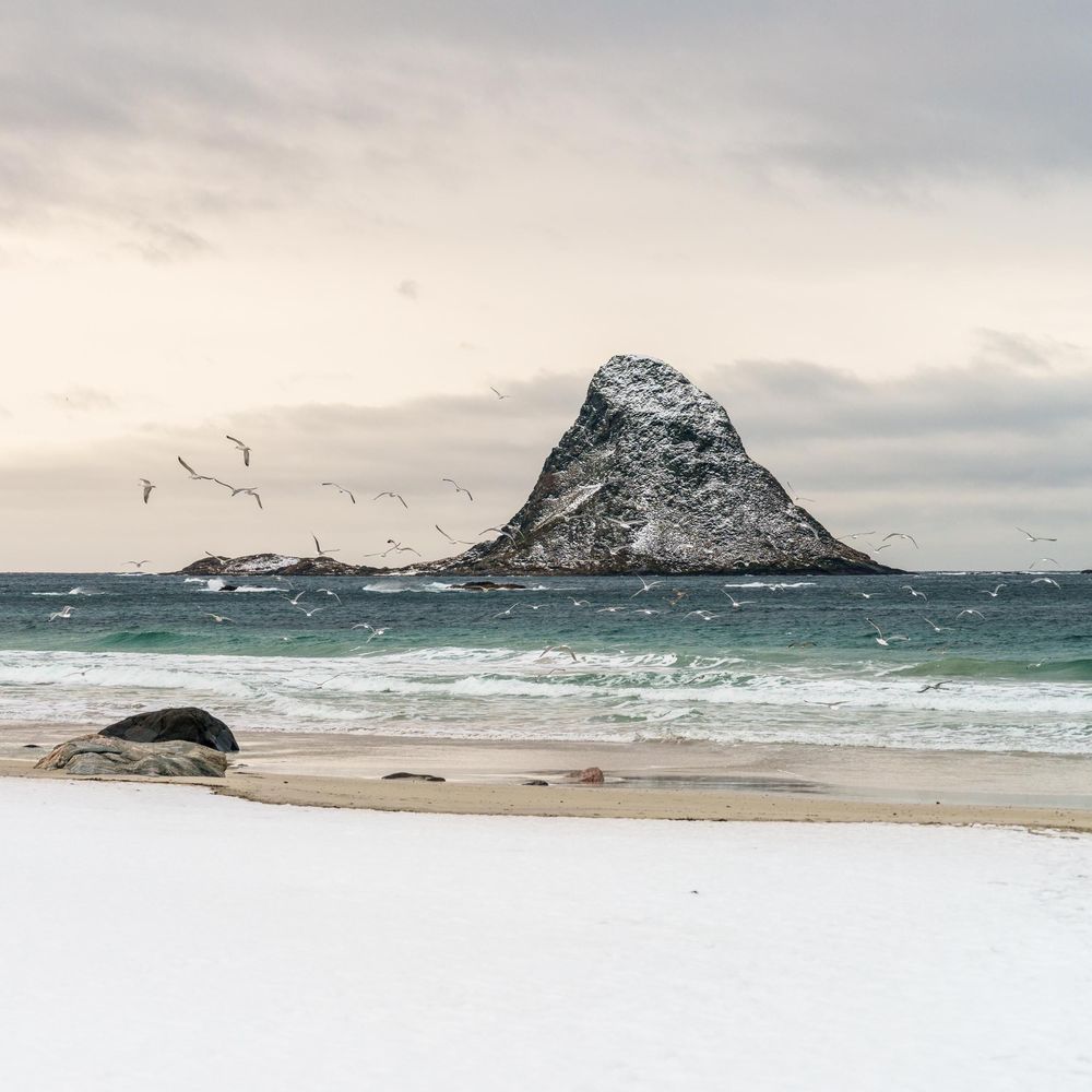 A dramatic snow-covered beach with turquoise waves crashing near a jagged rocky island under cloudy winter skies.