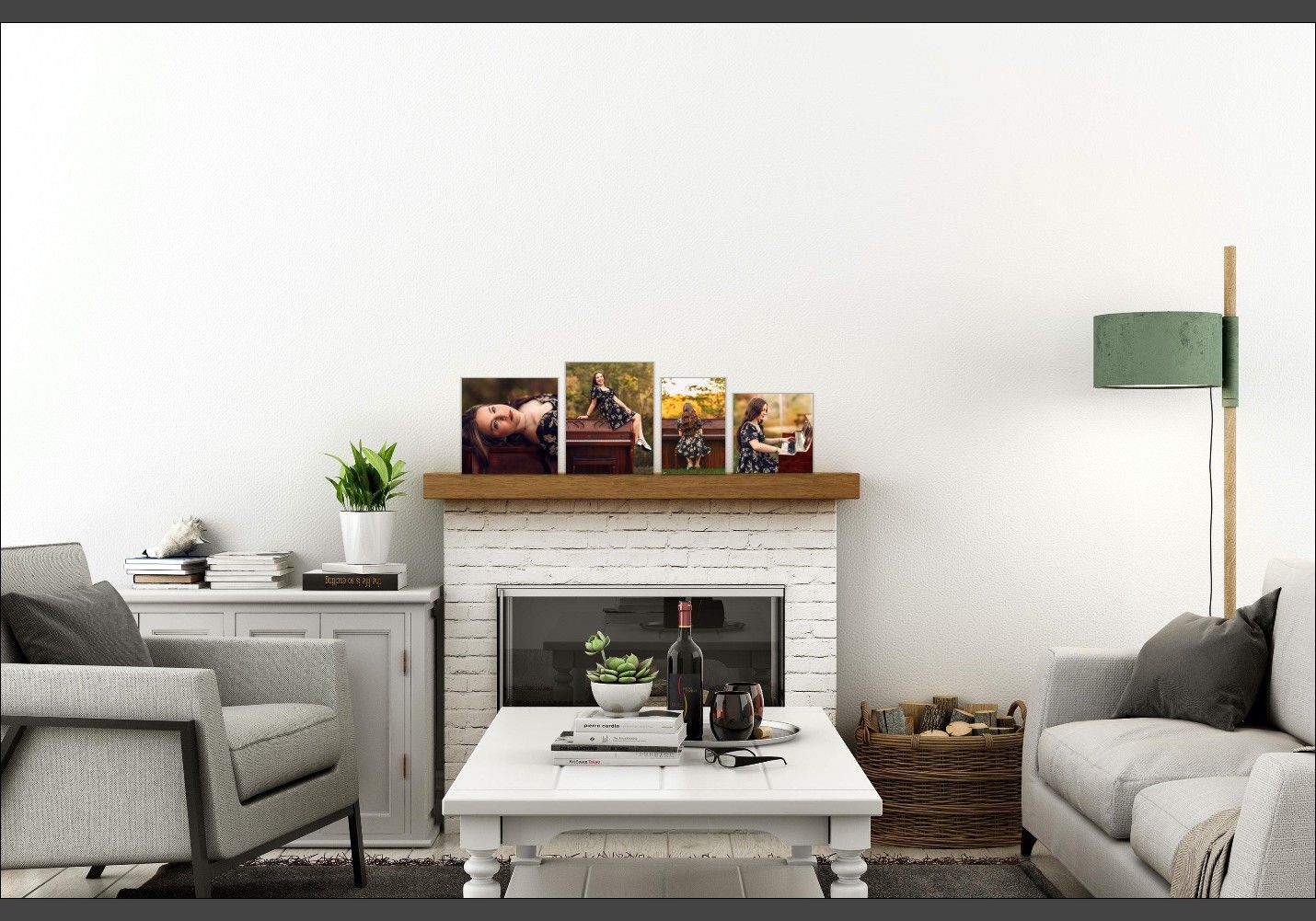 Modern farmhouse living room with white painted brick fireplace, gray armchairs, and rustic white coffee table.