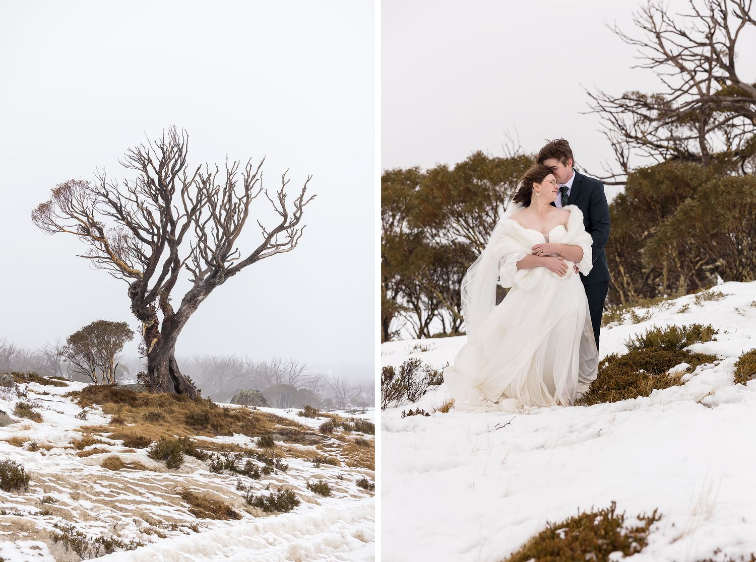 Winter wedding couple embraces in a snowy mountain landscape with bare trees and misty backdrop.
