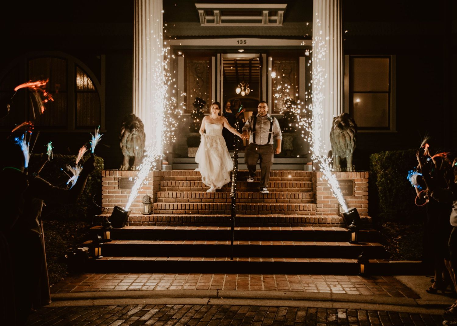 Alaina & Bryant's cold spark send-off on their wedding day at Dr. Phillips House in Orlando, FL. Cred: LexTakePix