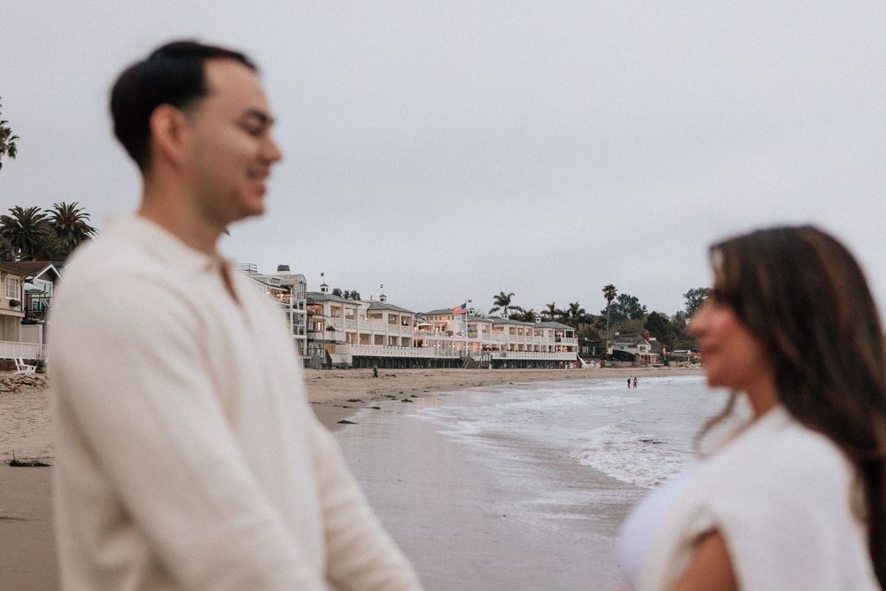 35mm film portrait of newly engaged couple at Santa Barbara beach.
