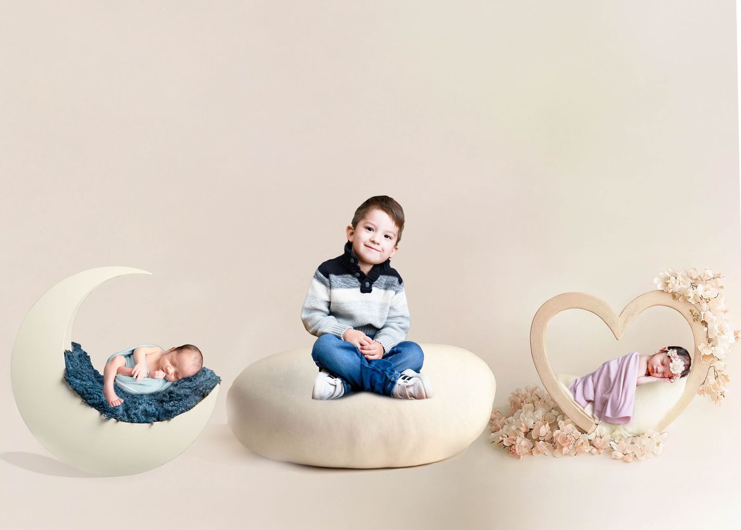 sibling with twin newborn composite. boy girl twin newborn.Carlsbad NM. Roswell NM. Artesia NM. Newborn and maternity photographer.