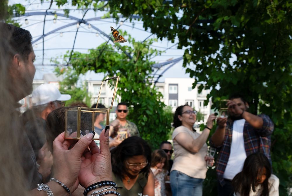 People gathered outdoors at a summer gathering share food and drinks while socializing under green trees and blue skies.