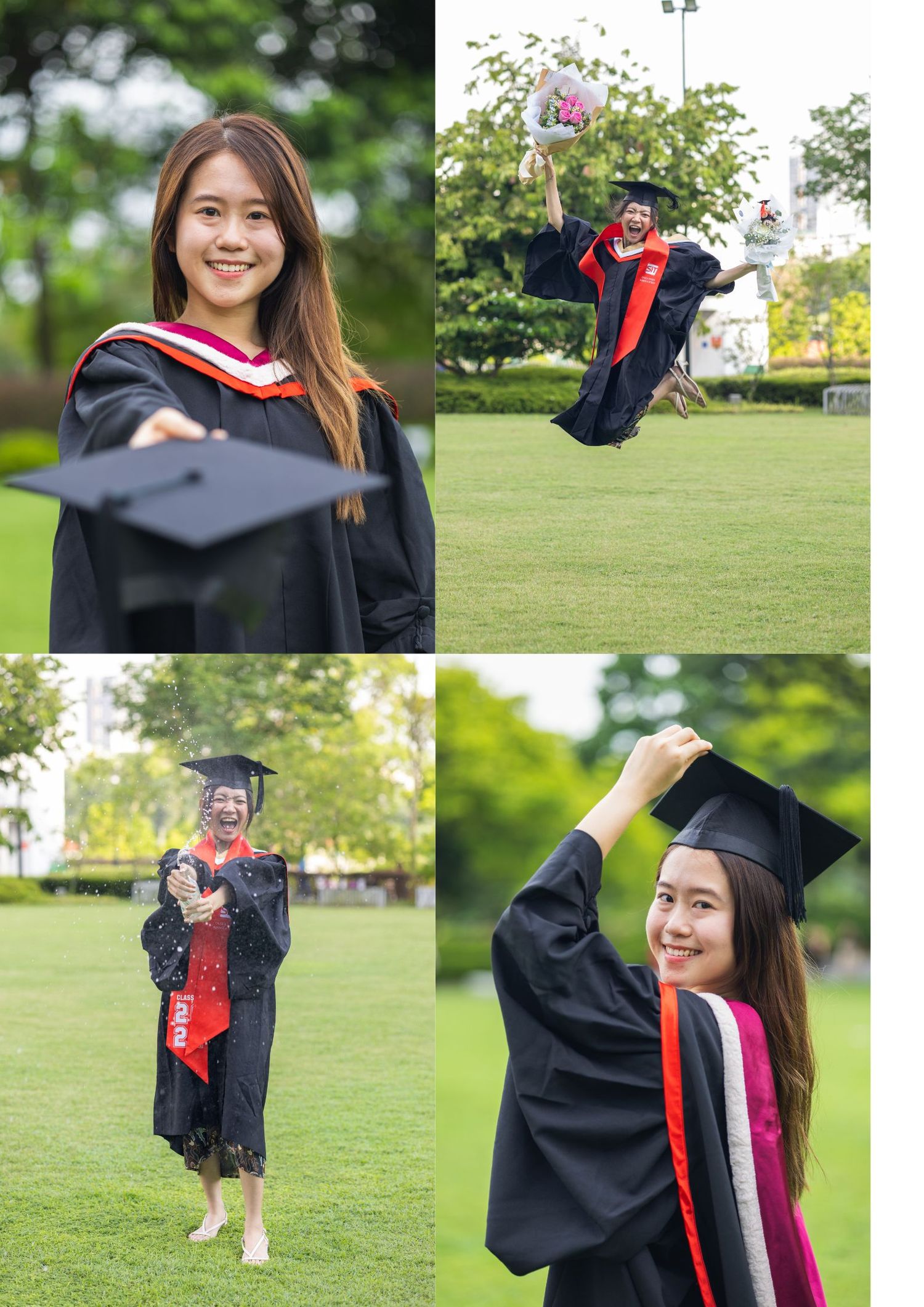 A graduation photo collage showing celebratory poses in traditional cap and gown on a green lawn.