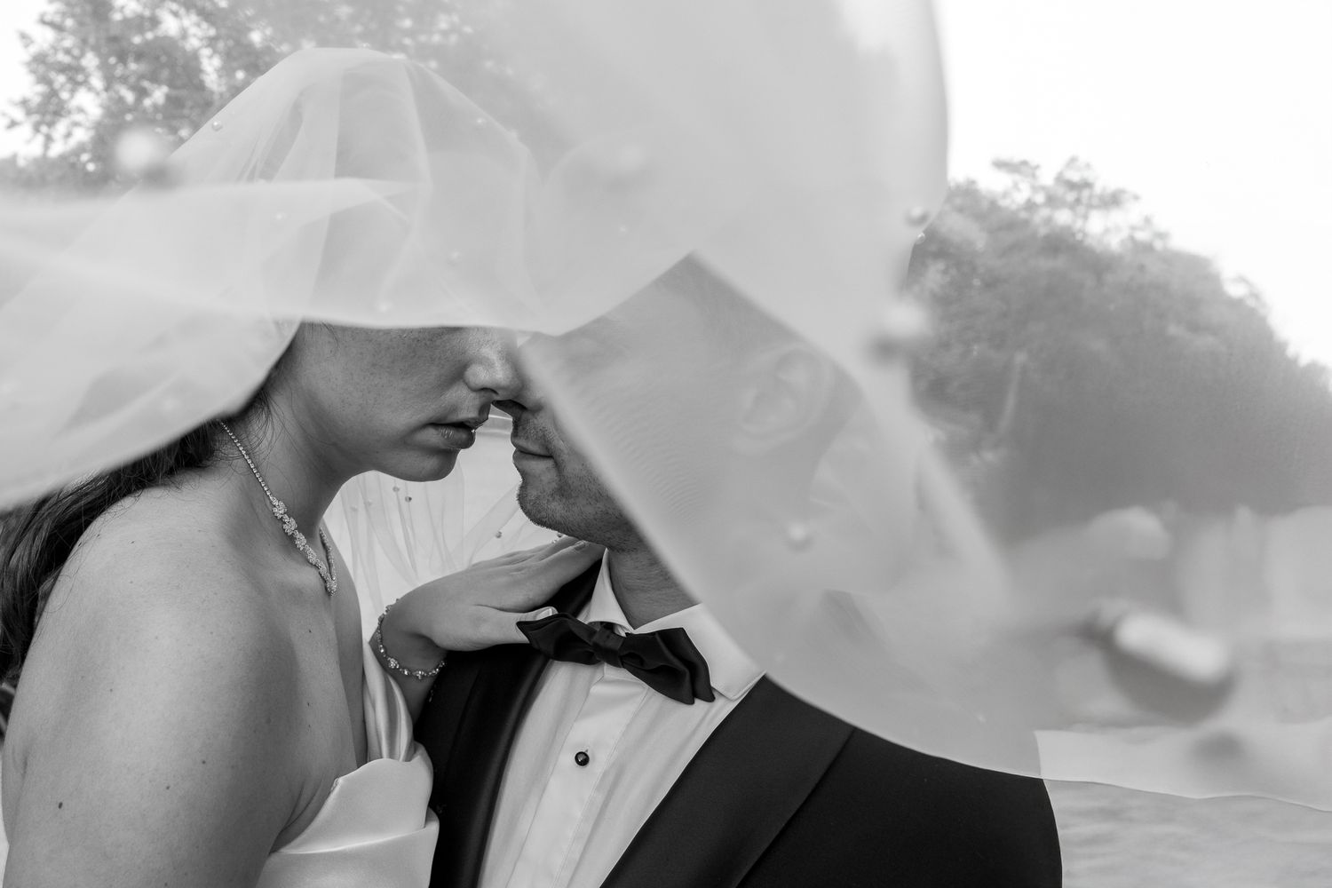 A romantic black and white wedding photo moment under a translucent veil.