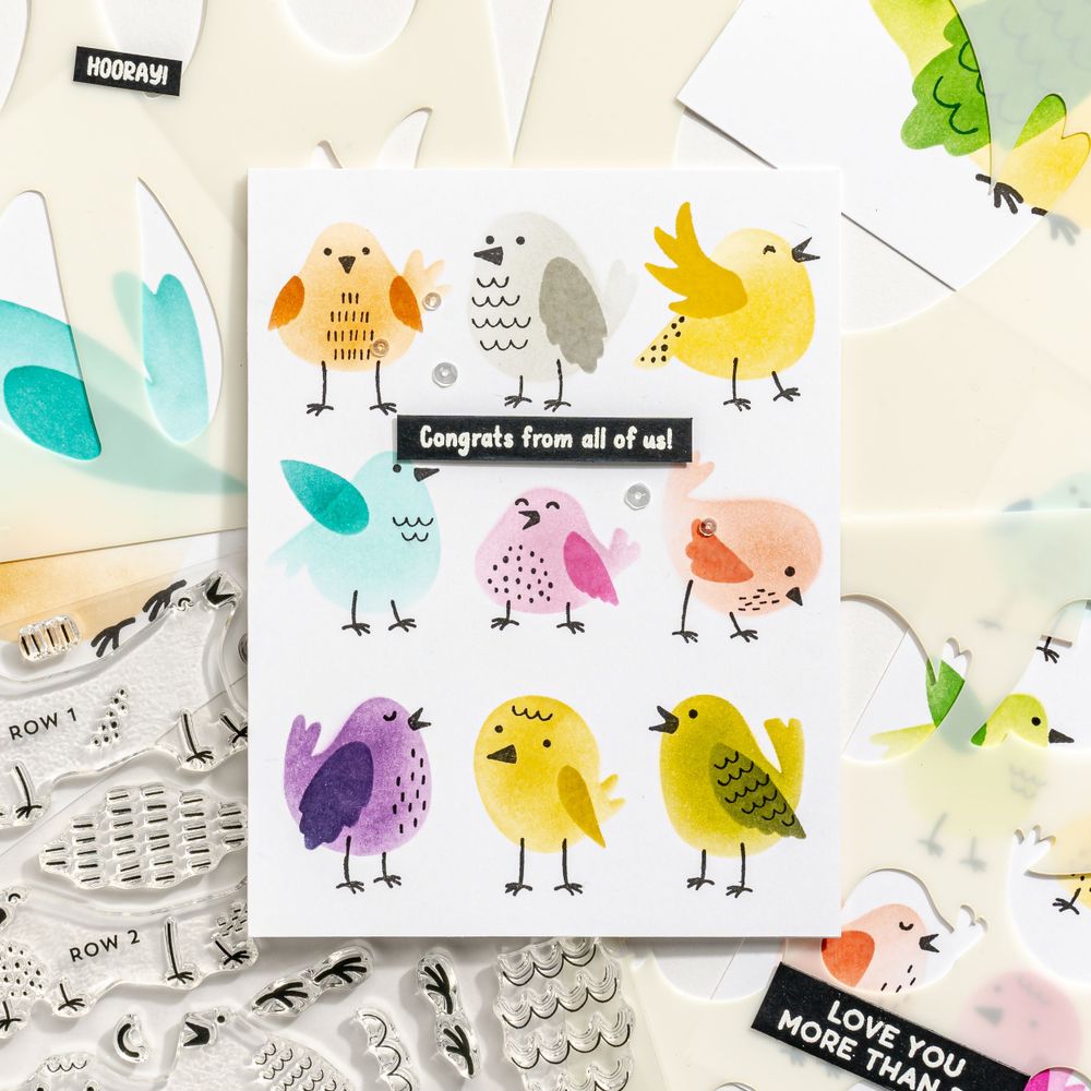 Greeting card featuring adorable illustrated birds in various colors and patterns.