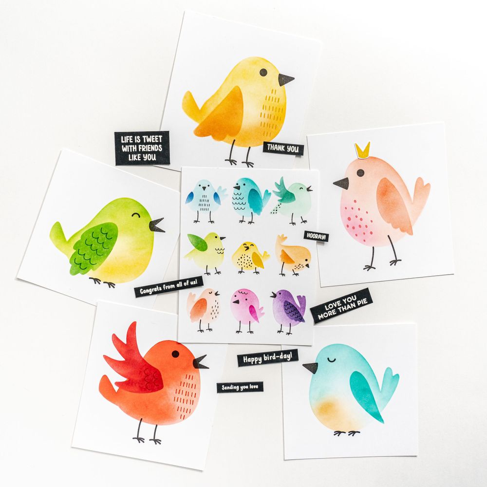 Collection of colorful bird stickers with cute expressions and phrases.