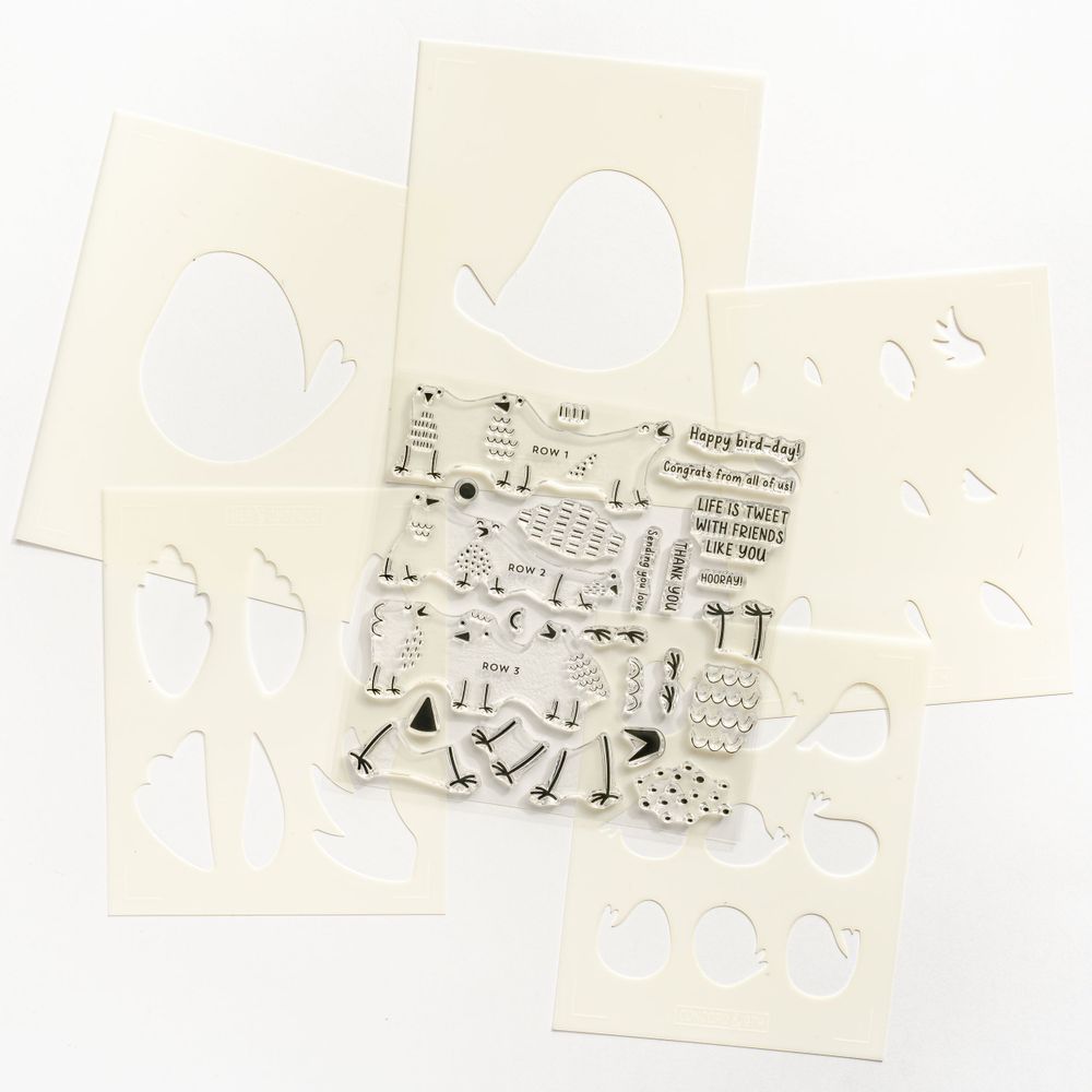 Set of craft stencils and clear stamps with bird and nature-themed designs.