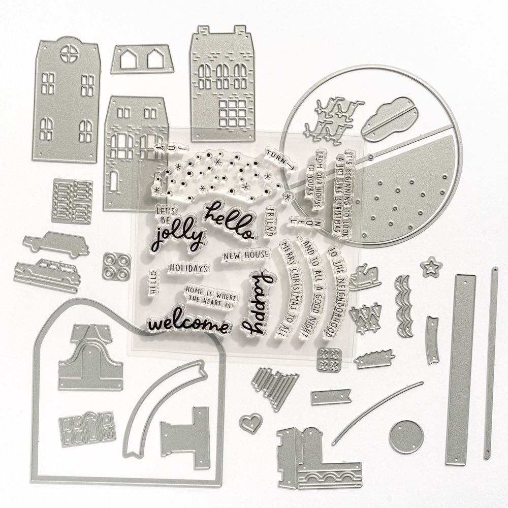 Collection of metal die cutting templates featuring building and architectural design elements.