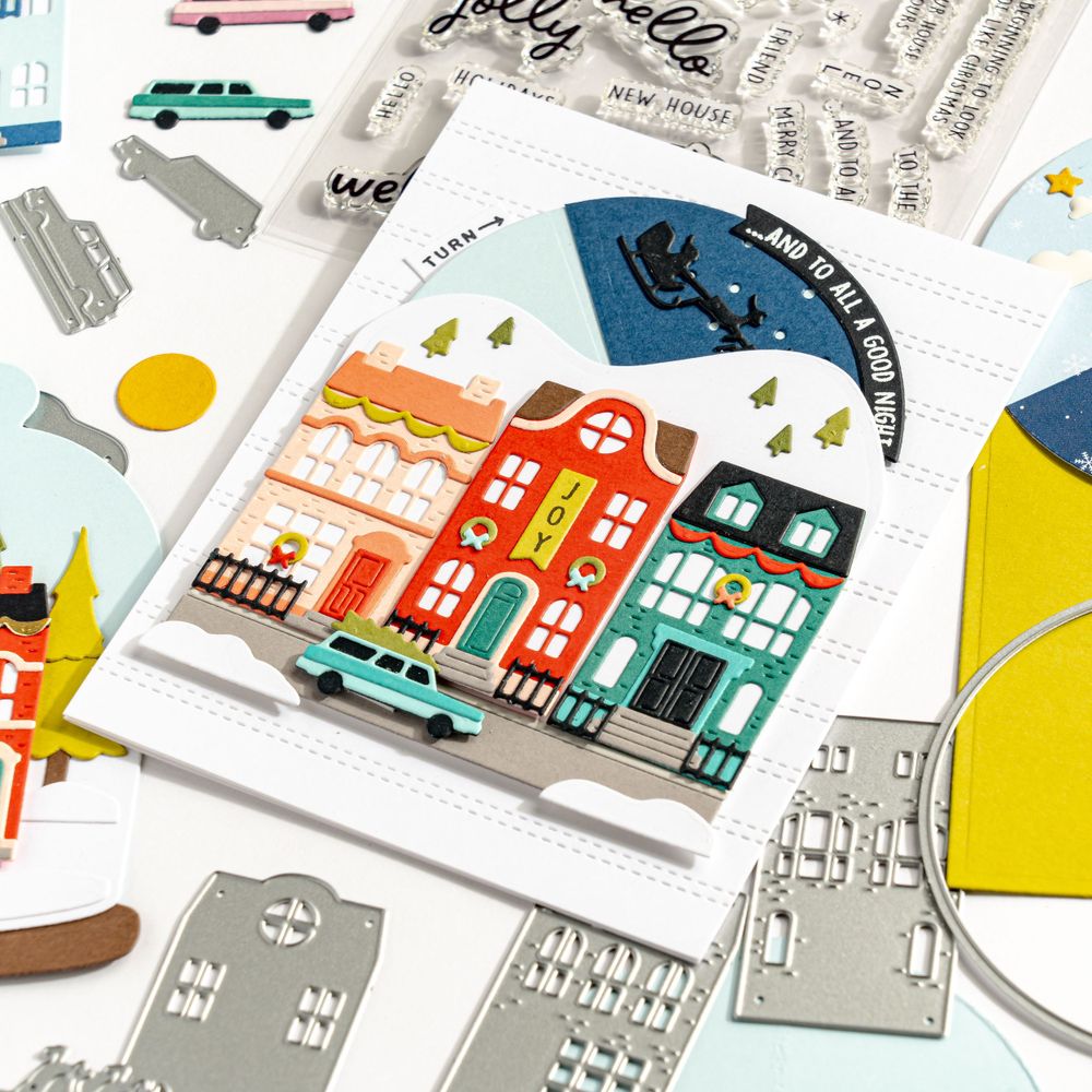 Illustrated cityscape artwork with colorful buildings and skateboards scattered around.