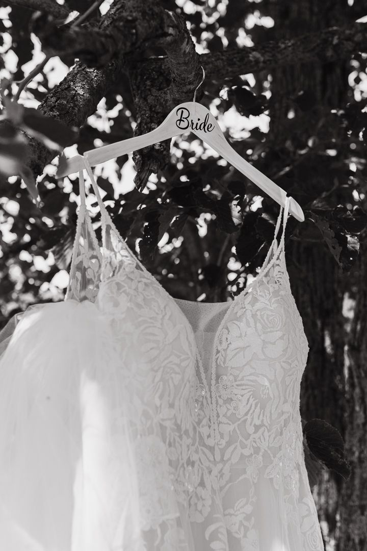 black and white Bridal gown hung up in tree at a Duluth Minnesota Wedding