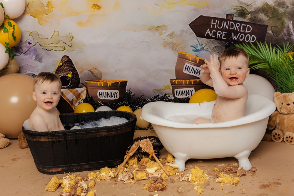Seven connected photos showing bath time scenes with rubber ducks, foam letters, and bubbles in white bathtubs.