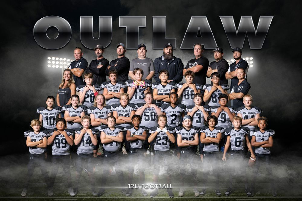 Football team group photo with smoky dramatic lighting and '89 THAW' branding in dark uniforms.