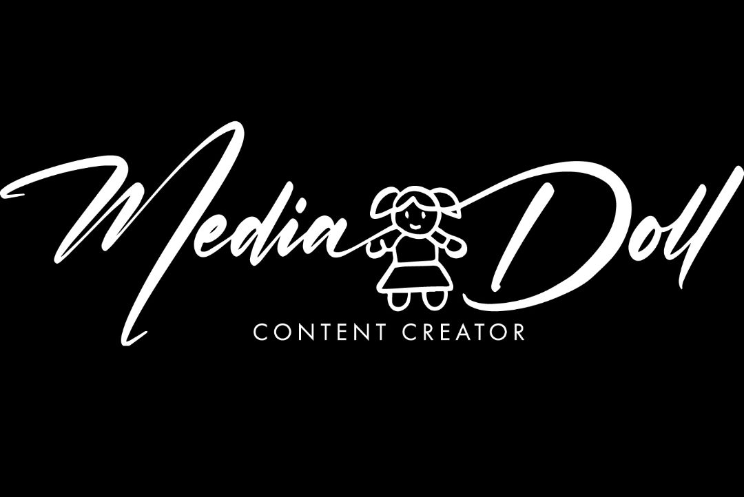 Black and white Media Doll content creator logo designs on dark background.