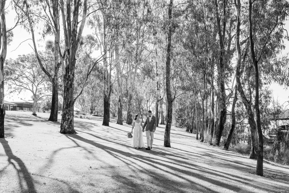 Black and white photo of couple walking through tree-lined path.