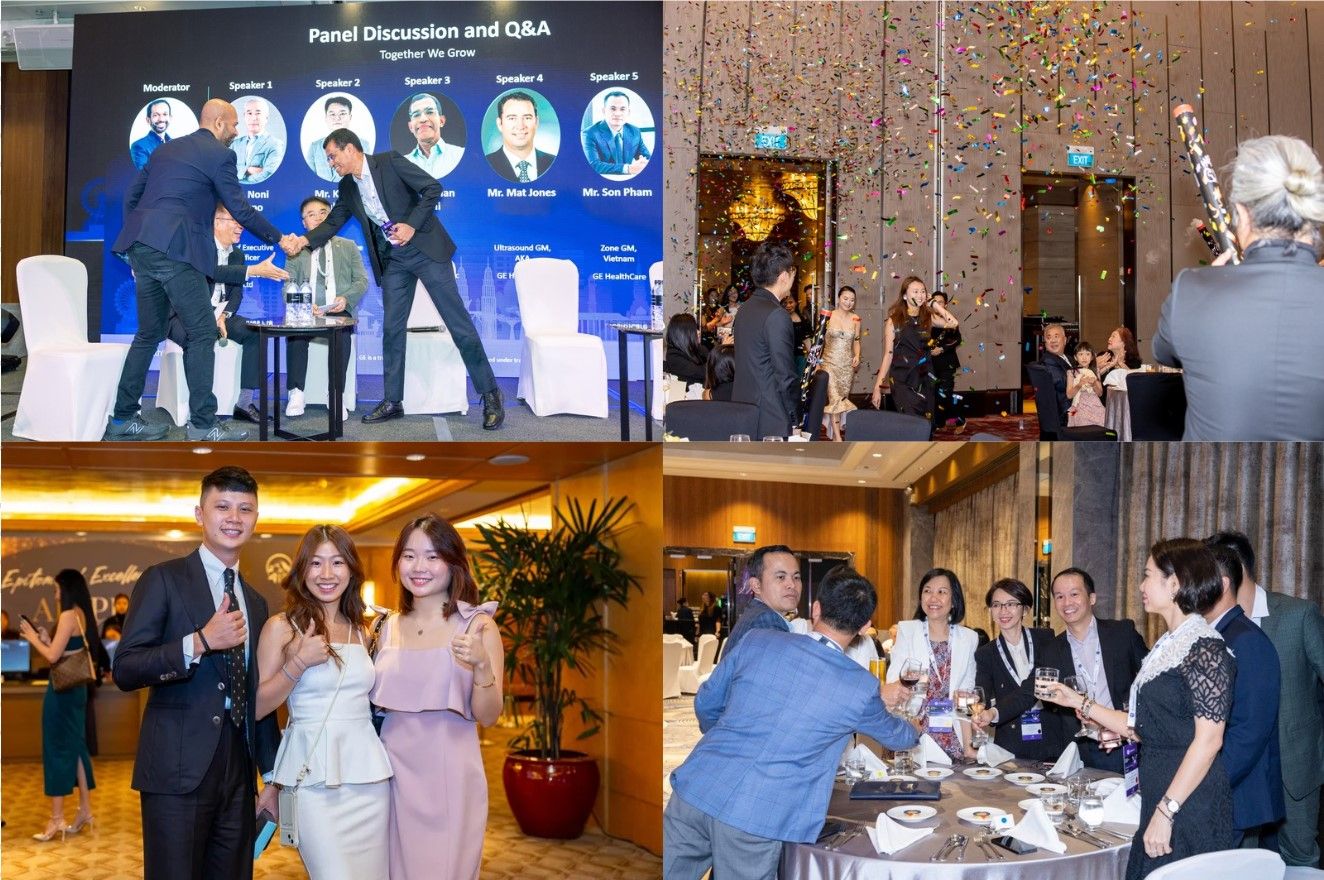A collection of corporate event photos showing people networking and socializing at a business gathering.
