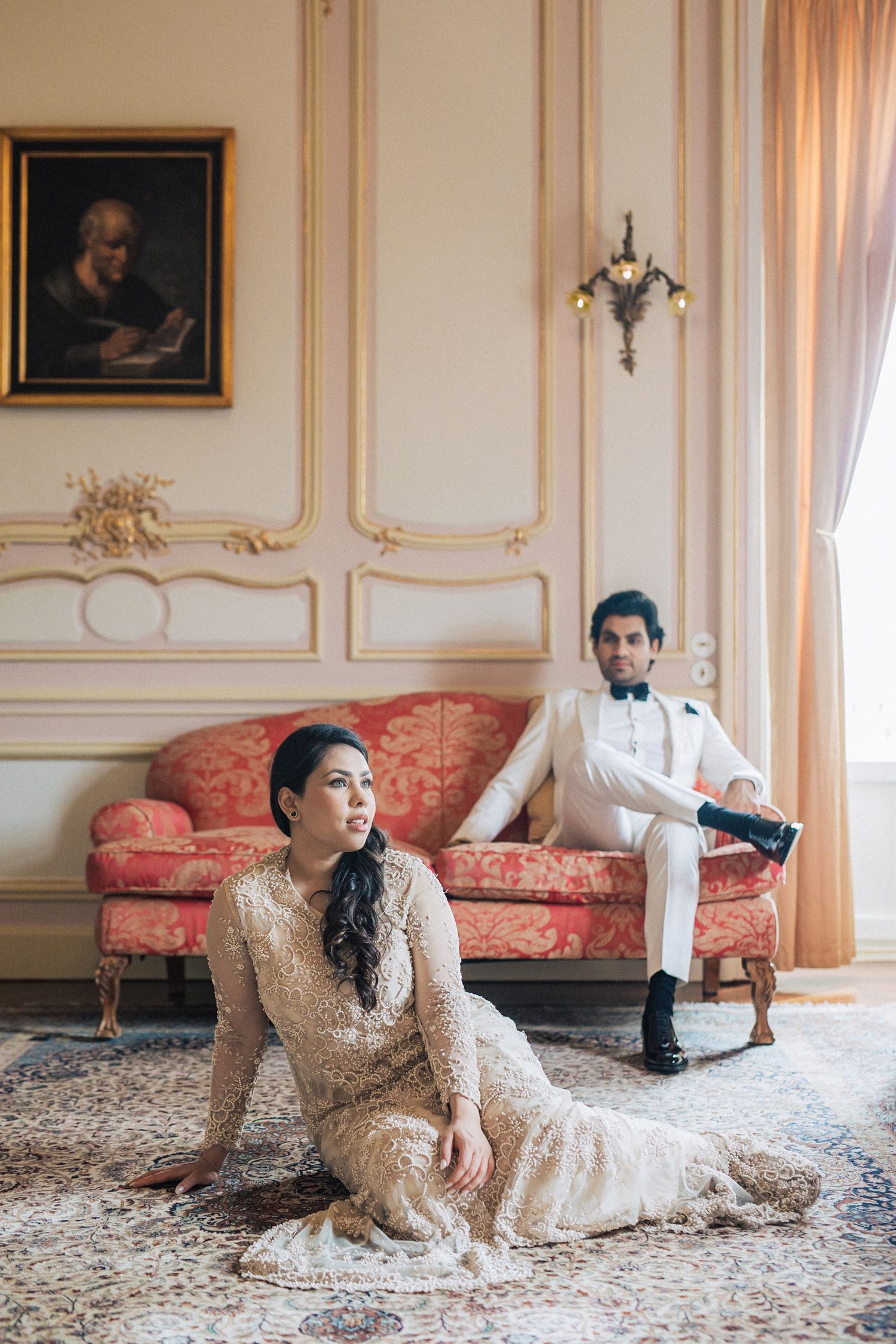 Indian couple in a luxurious engagement photoshoot at the Madonna Suite, Pestana Palace, Lisbon