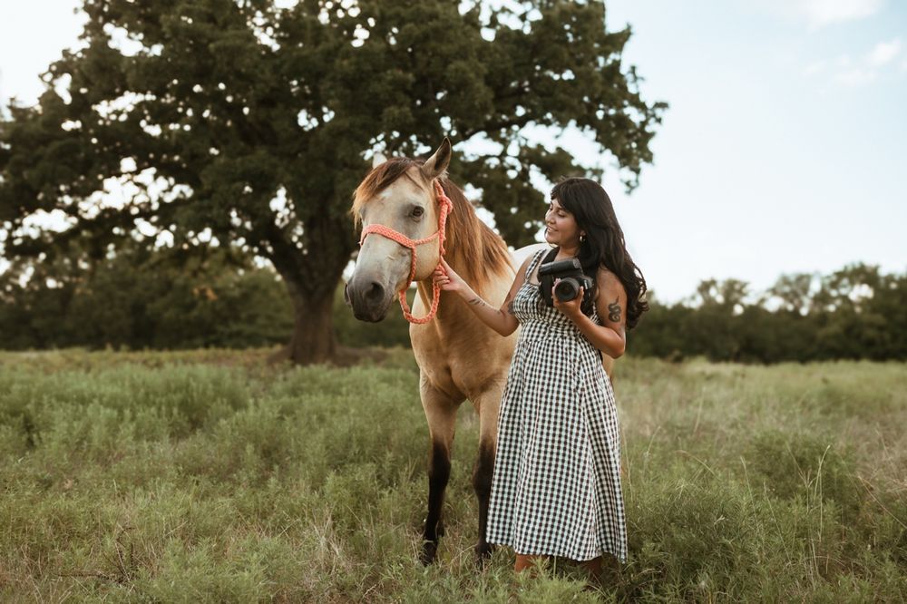 A woman in a gingham dress walks through a sunlit meadow with her horse on a warm summer afternoon.
