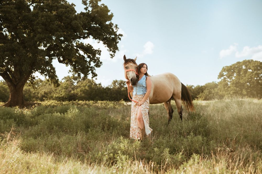 Family and horse share tender moments in a sun-drenched meadow during golden hour photography session.