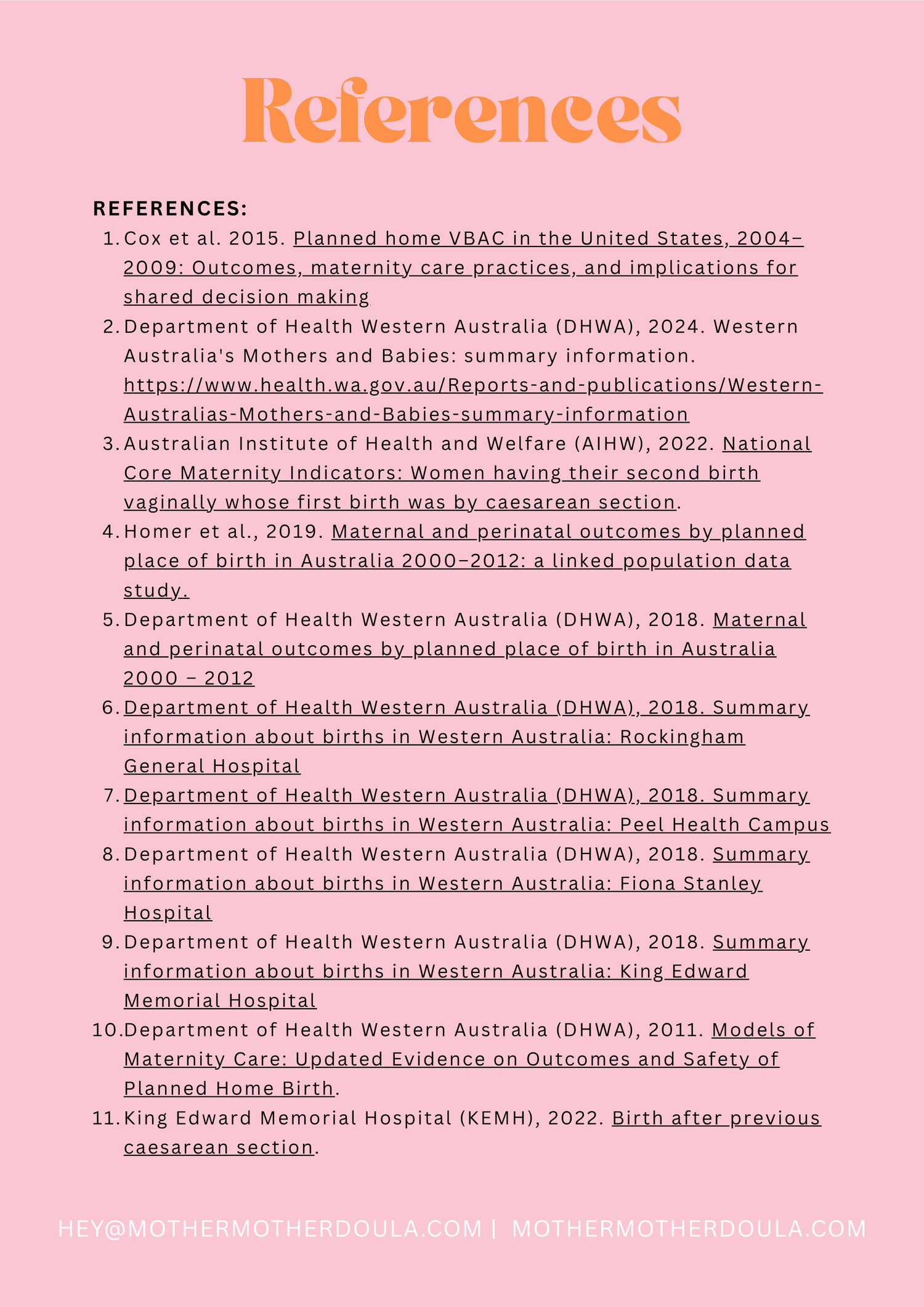 Pink academic research paper showing references section with citations about maternity care in Australia.