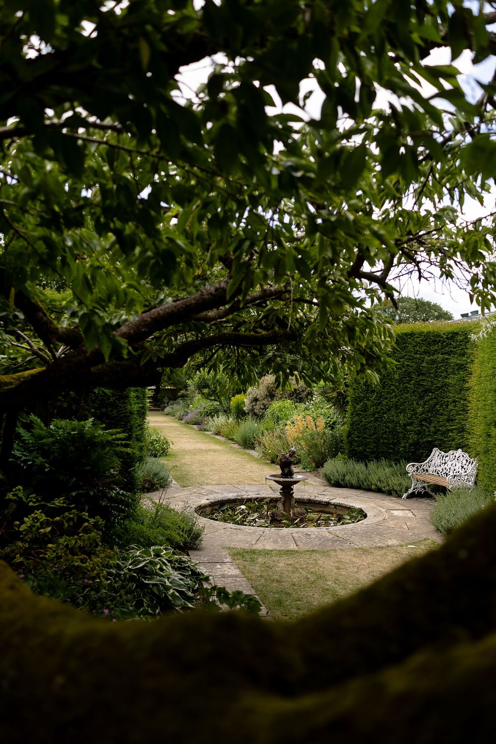 A peaceful garden path leads to a decorative fountain surrounded by lush hedges and a white bench under overhanging trees.