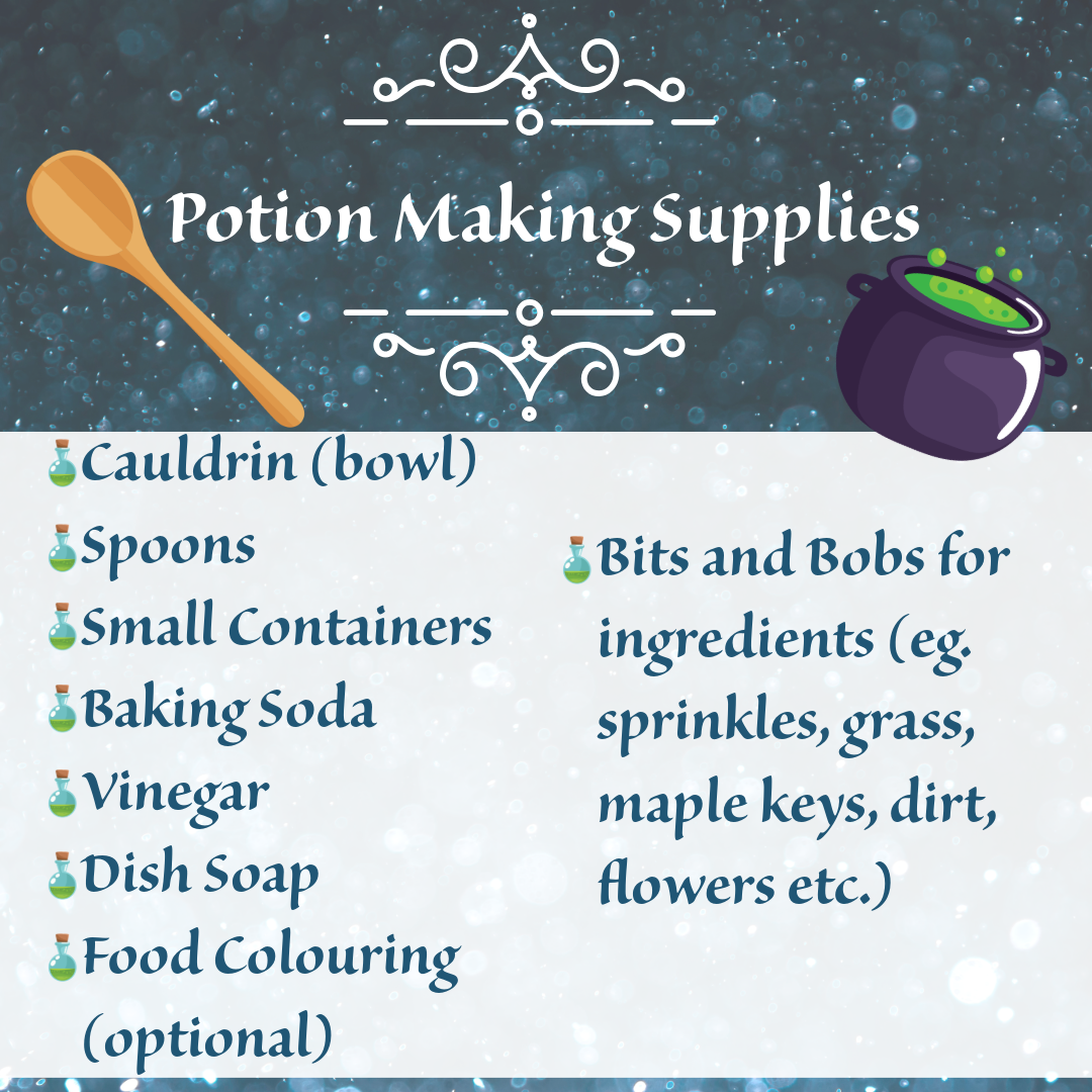 A list of potion making supplies and ingredients including cauldrin, spoons, and containers on a starry blue background.